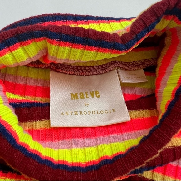 2/25 Maeve Anthropologie Retro Too Shirt Puff Sleeve Ribbed Stripe Neon - Picture 3 of 5